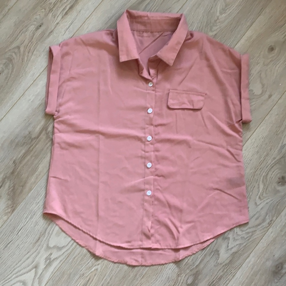 SHEIN Roll Sleeve Button Front Blouse Sz L